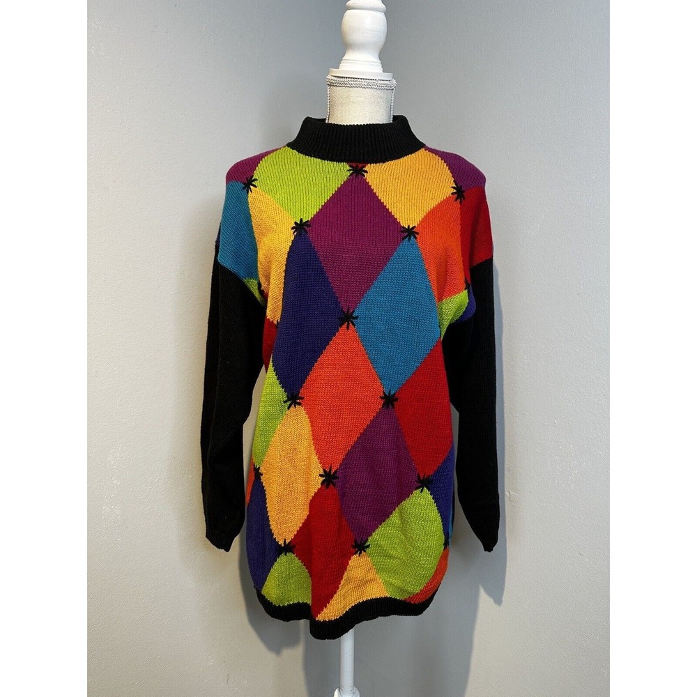 Santoria Women's Vintage Geometric Multi Color Black Cotton Size M  Sweater 90s